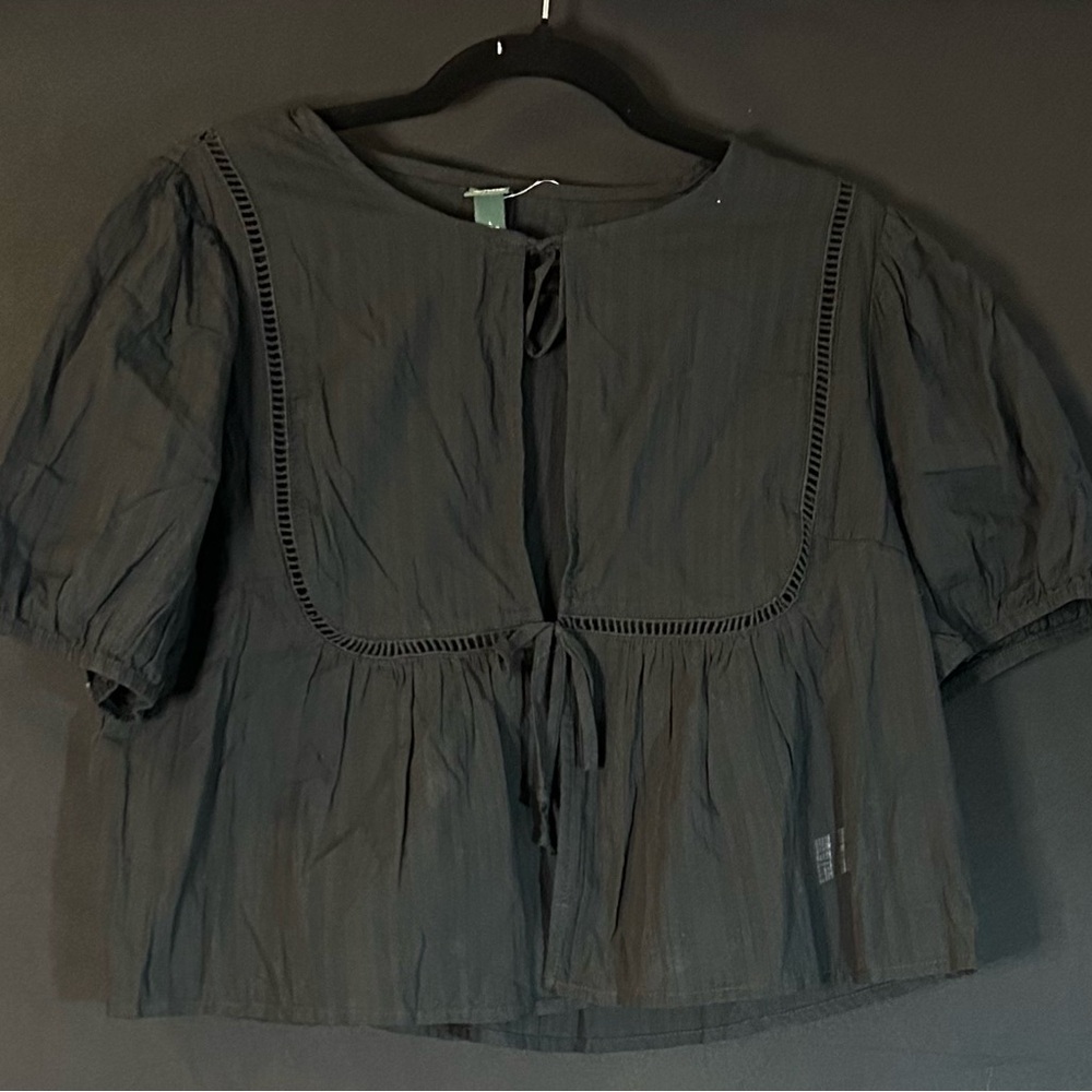 Wild Fable Black Peplum Tie Front Top Puff Sleeve Blouse Women’s Size L